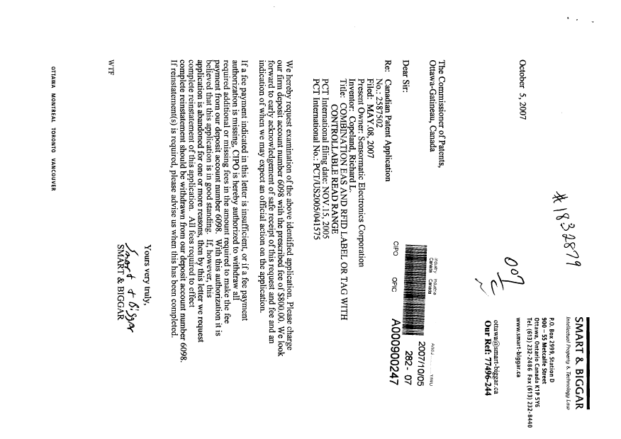 Document de brevet canadien 2587502. Poursuite-Amendment 20071005. Image 1 de 1