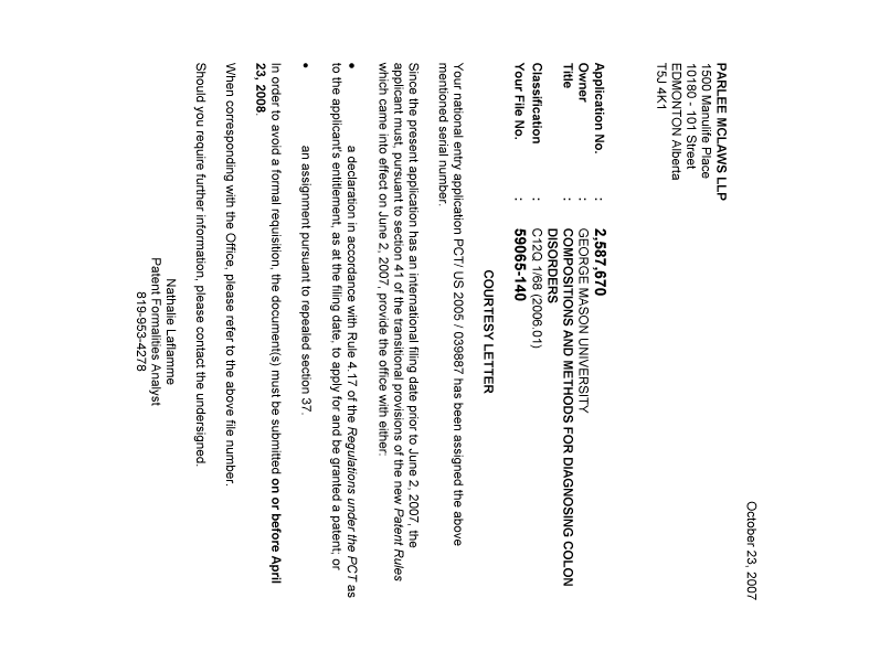 Document de brevet canadien 2587670. Correspondance 20071017. Image 1 de 1