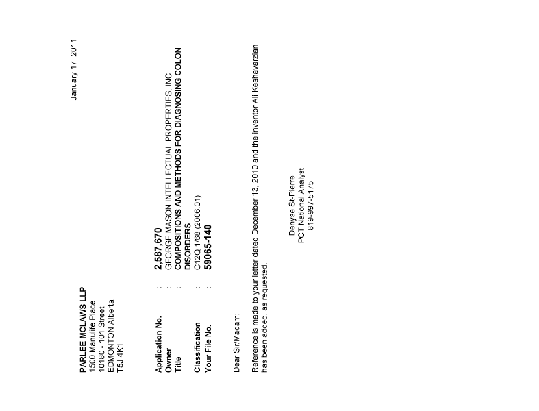 Canadian Patent Document 2587670. Correspondence 20110117. Image 1 of 1