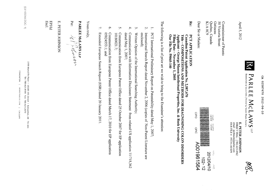 Canadian Patent Document 2587670. Prosecution-Amendment 20120410. Image 1 of 1