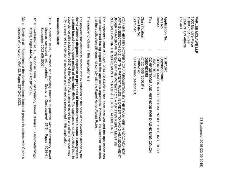 Document de brevet canadien 2587670. Demande d'examen 20150923. Image 1 de 5