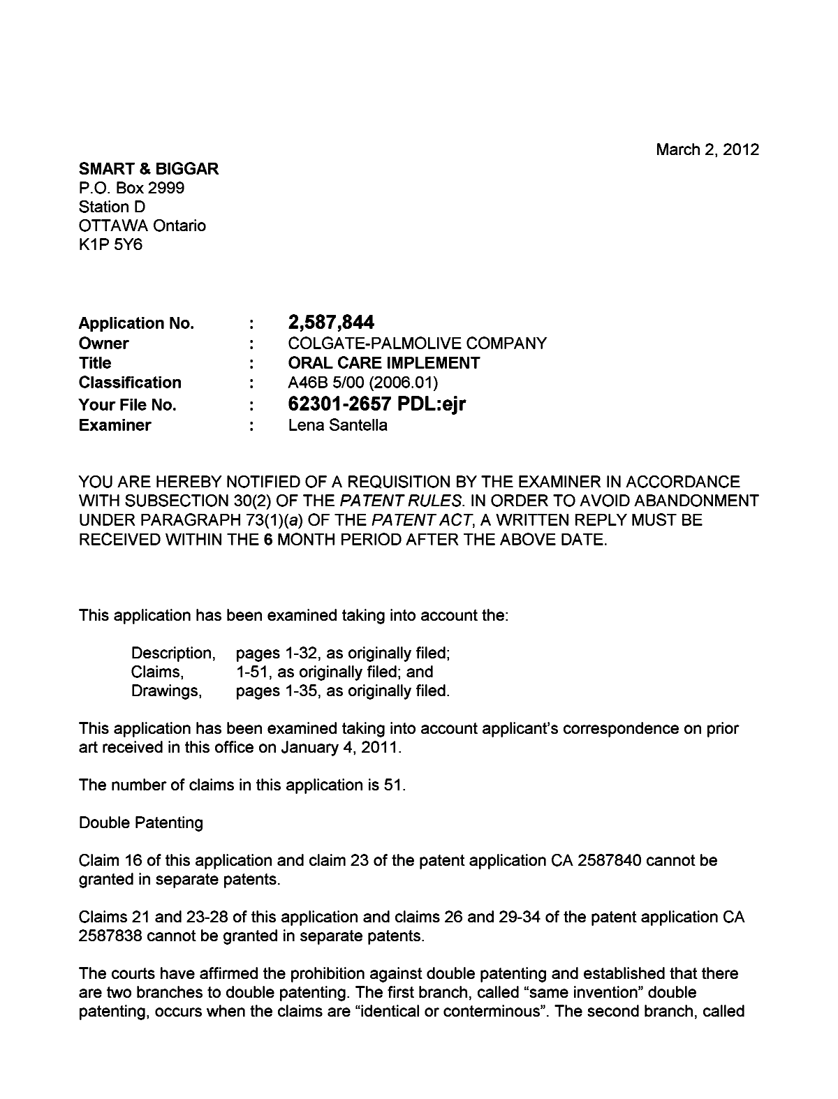 Document de brevet canadien 2587844. Poursuite-Amendment 20120302. Image 1 de 3