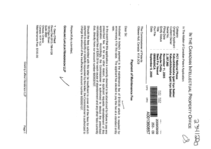 Document de brevet canadien 2587960. Taxes 20090909. Image 1 de 1
