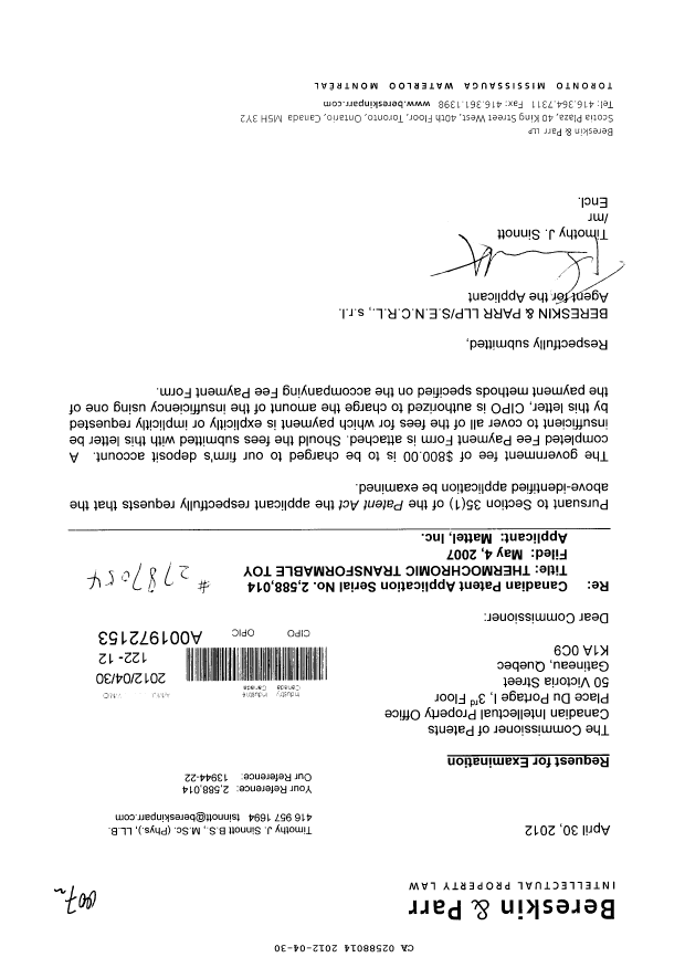Canadian Patent Document 2588014. Prosecution-Amendment 20120430. Image 1 of 1