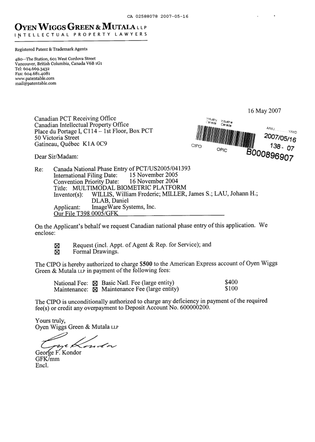Document de brevet canadien 2588078. Cession 20070516. Image 1 de 2