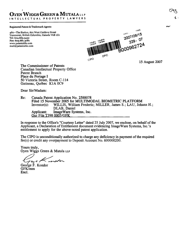 Document de brevet canadien 2588078. Correspondance 20070815. Image 1 de 2