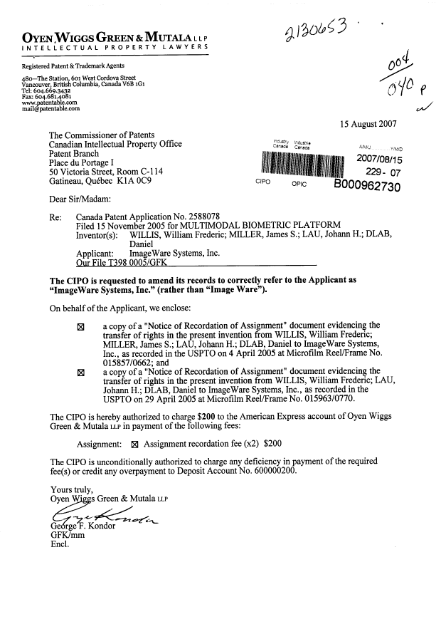 Document de brevet canadien 2588078. Correspondance 20070815. Image 1 de 1