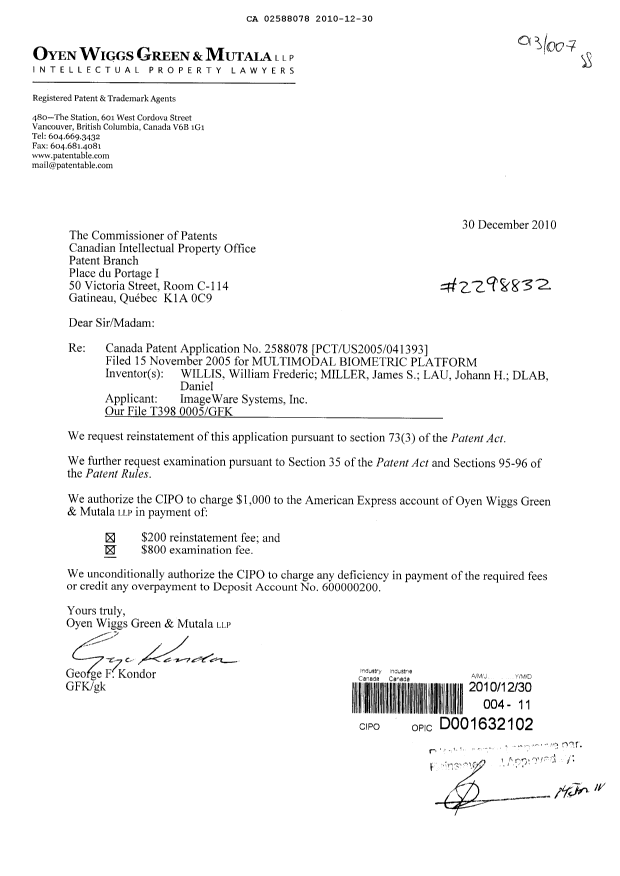 Document de brevet canadien 2588078. Poursuite-Amendment 20101230. Image 1 de 1