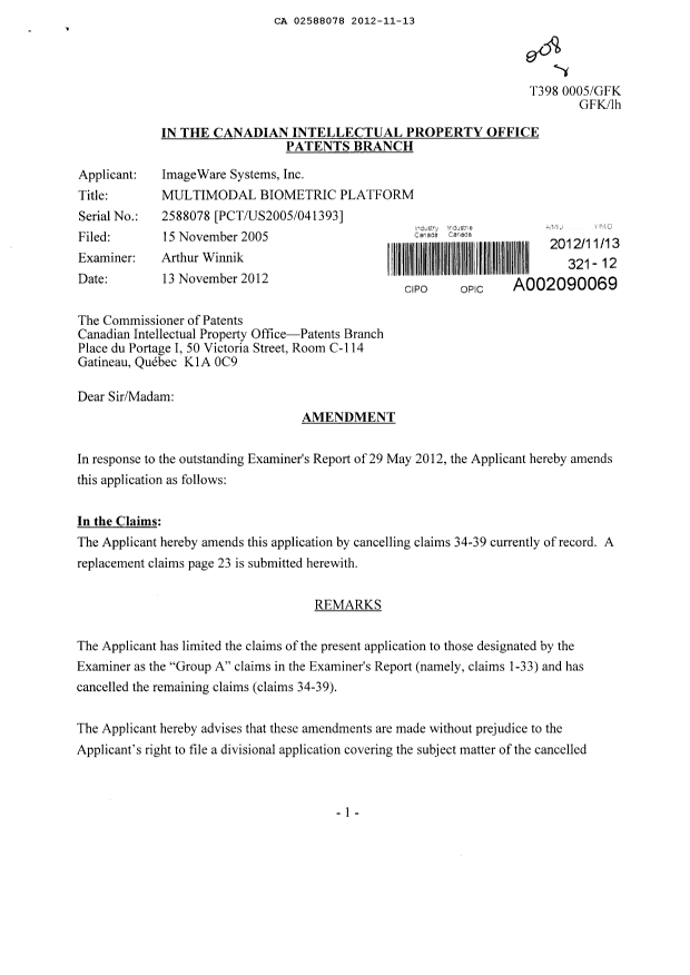 Document de brevet canadien 2588078. Poursuite-Amendment 20121113. Image 1 de 3