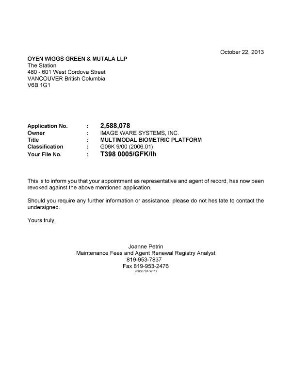 Document de brevet canadien 2588078. Correspondance 20131022. Image 1 de 1