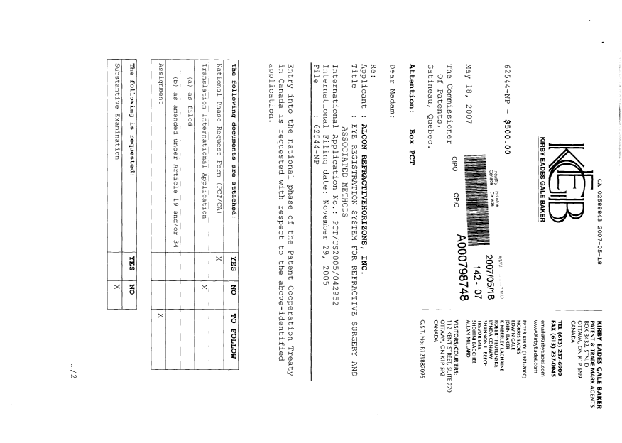 Document de brevet canadien 2588843. Cession 20070518. Image 1 de 4
