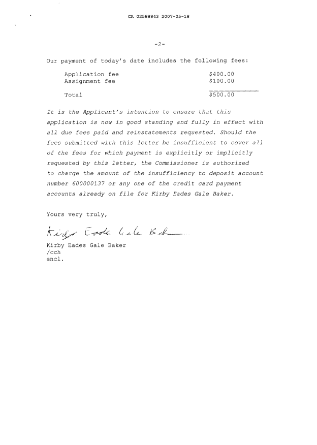 Document de brevet canadien 2588843. Cession 20070518. Image 2 de 4