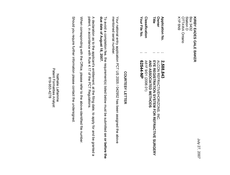 Document de brevet canadien 2588843. Correspondance 20070727. Image 1 de 1