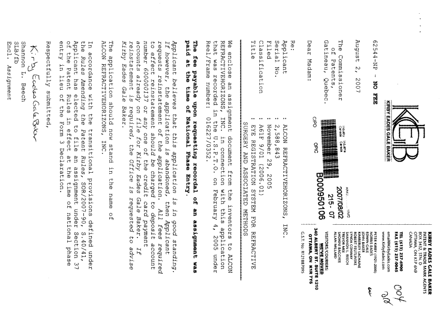 Document de brevet canadien 2588843. Cession 20070802. Image 1 de 6
