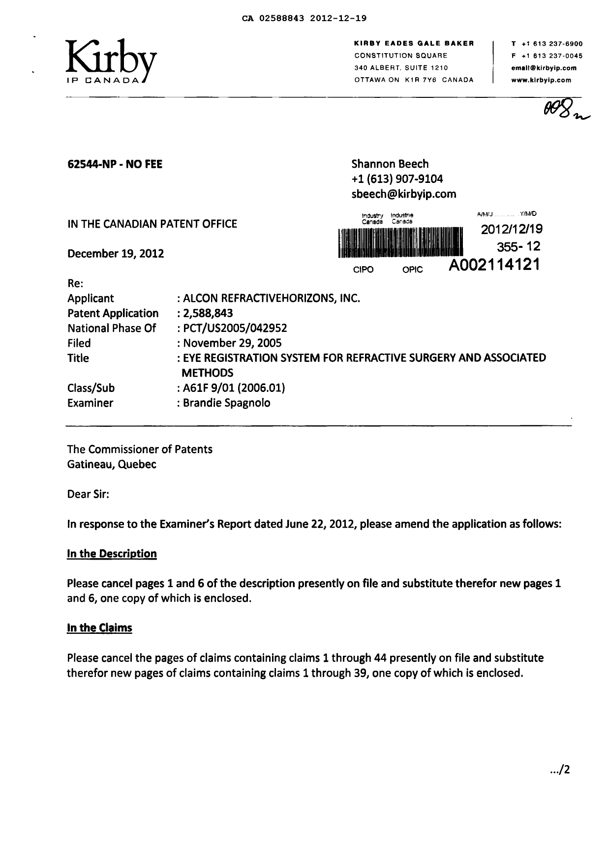 Document de brevet canadien 2588843. Poursuite-Amendment 20121219. Image 1 de 13