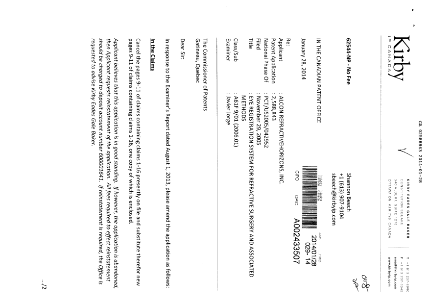 Document de brevet canadien 2588843. Poursuite-Amendment 20140128. Image 1 de 5