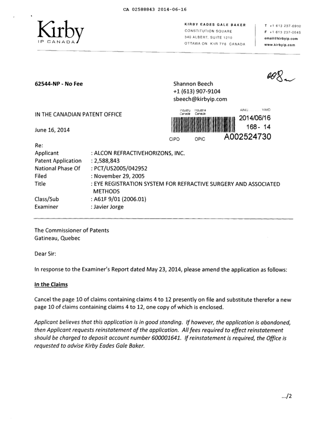 Document de brevet canadien 2588843. Poursuite-Amendment 20140616. Image 1 de 3