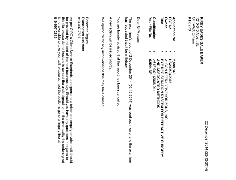 Document de brevet canadien 2588843. Correspondance 20141222. Image 1 de 1