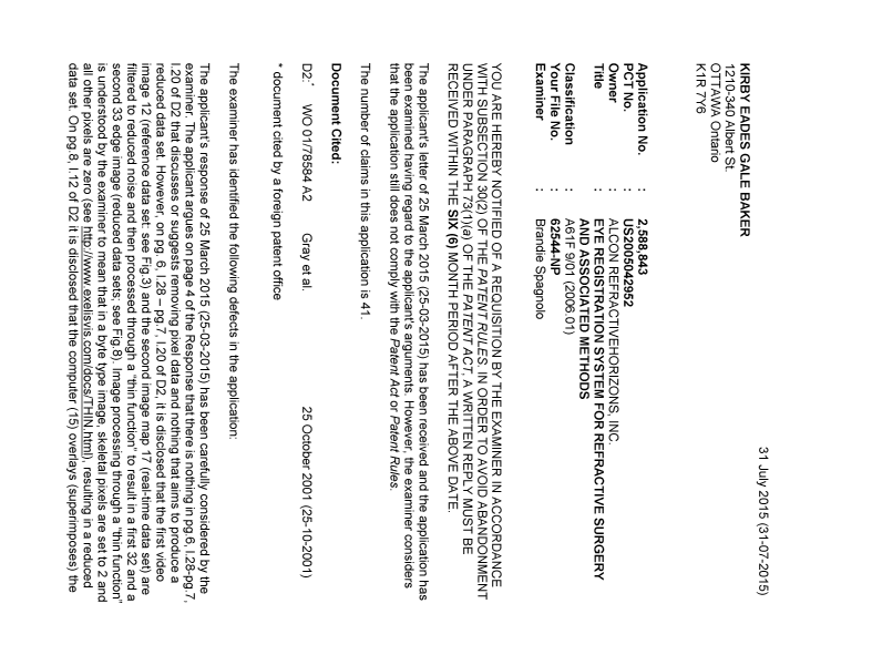 Document de brevet canadien 2588843. Demande d'examen 20150731. Image 1 de 5