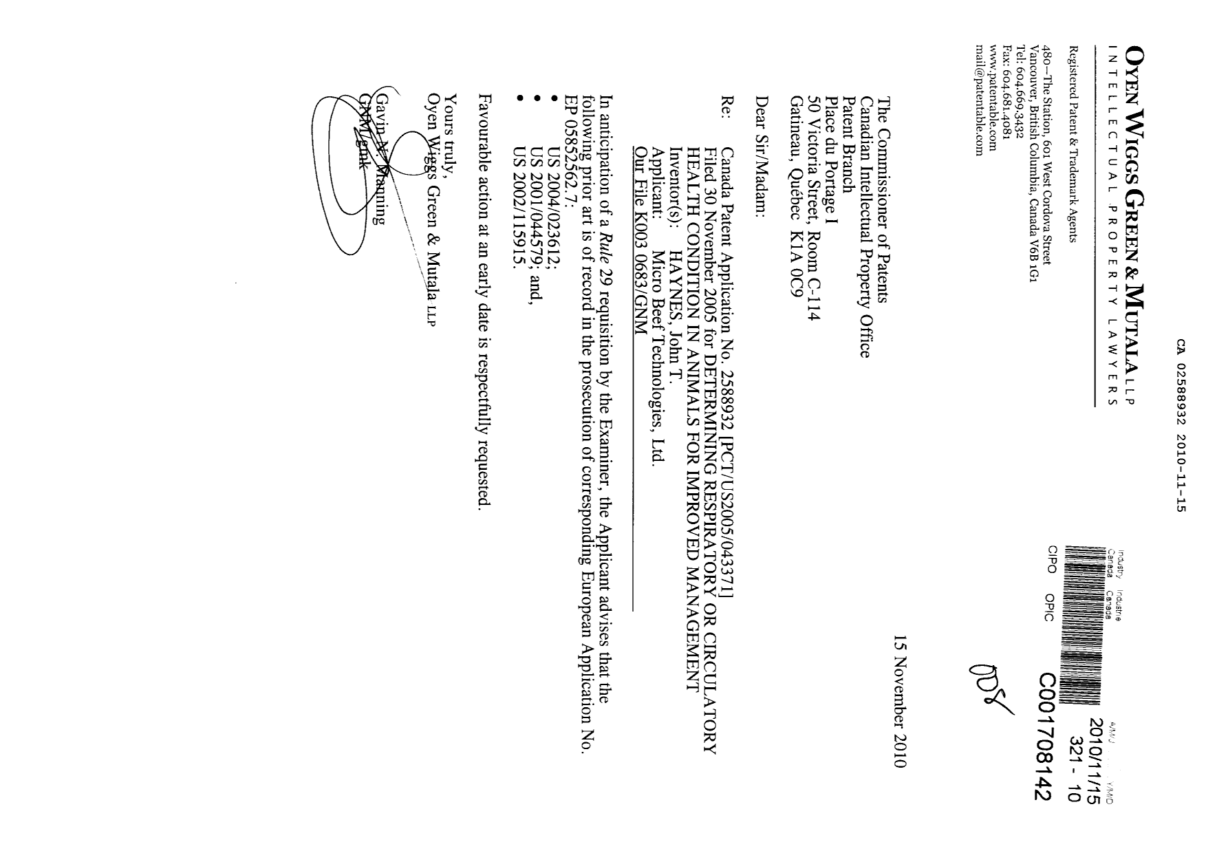 Canadian Patent Document 2588932. Prosecution-Amendment 20101115. Image 1 of 1