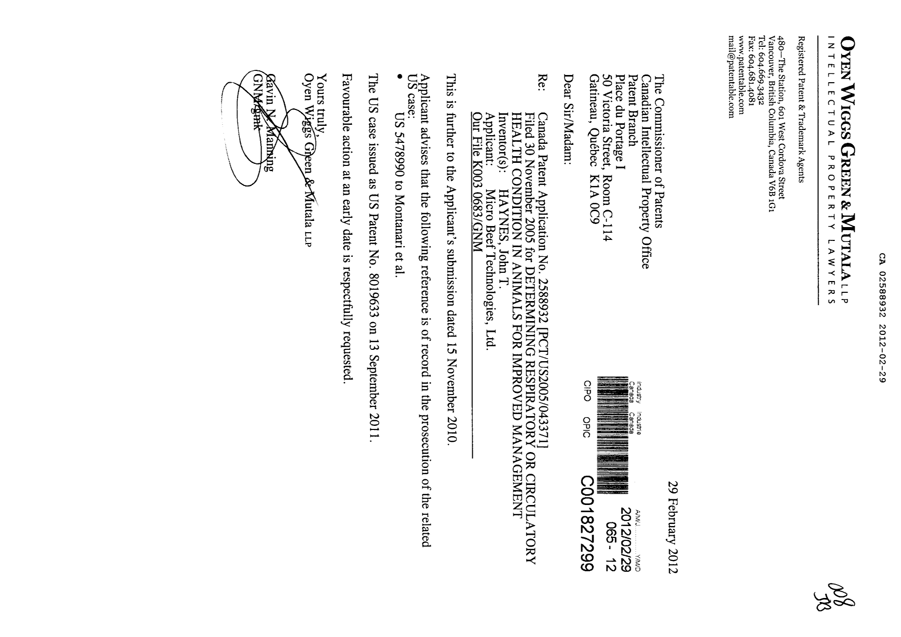 Canadian Patent Document 2588932. Prosecution-Amendment 20120229. Image 1 of 1