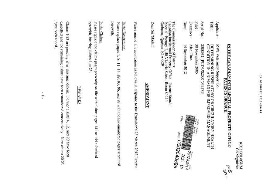 Canadian Patent Document 2588932. Prosecution-Amendment 20120914. Image 1 of 18