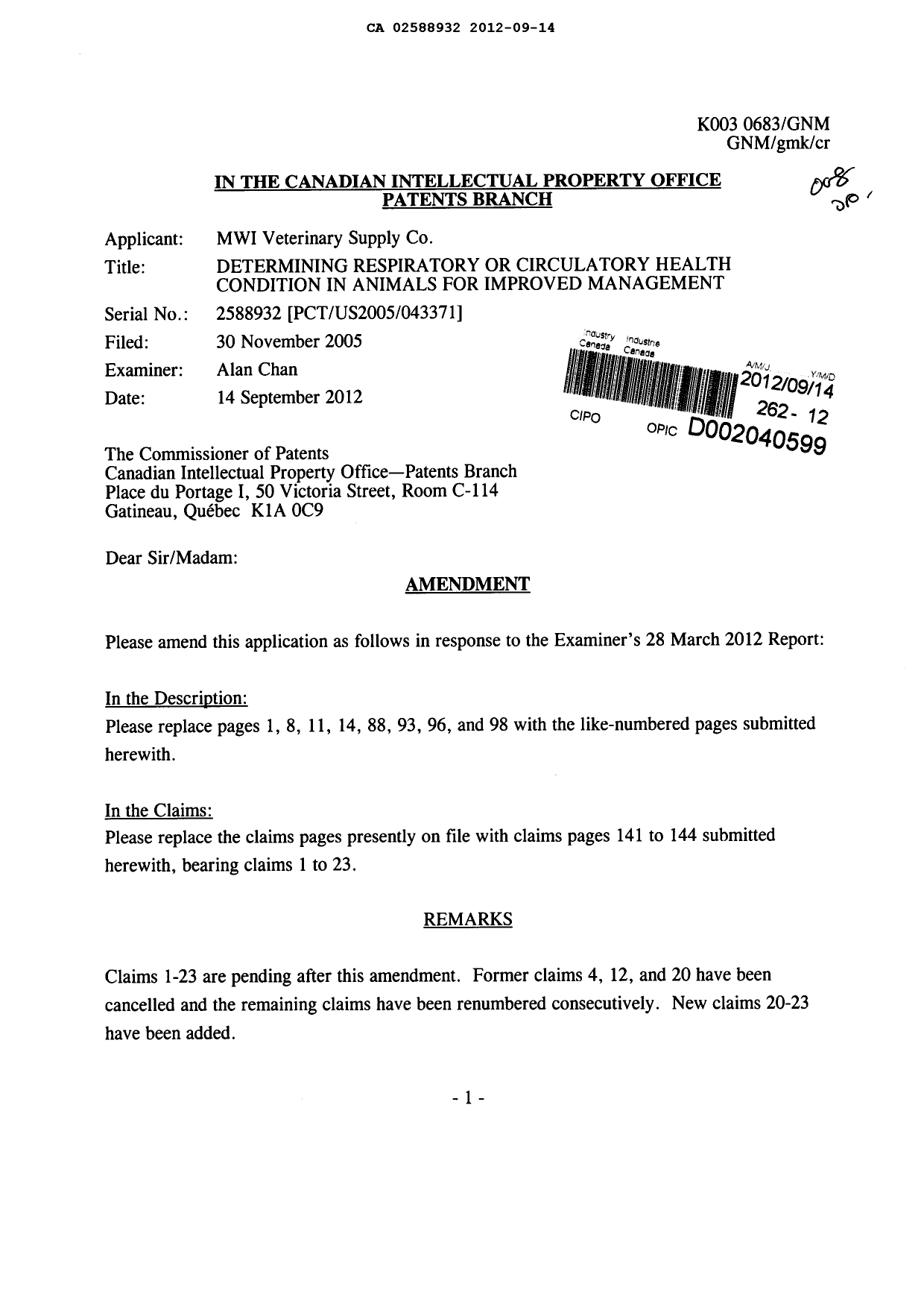 Document de brevet canadien 2588932. Poursuite-Amendment 20120914. Image 1 de 18