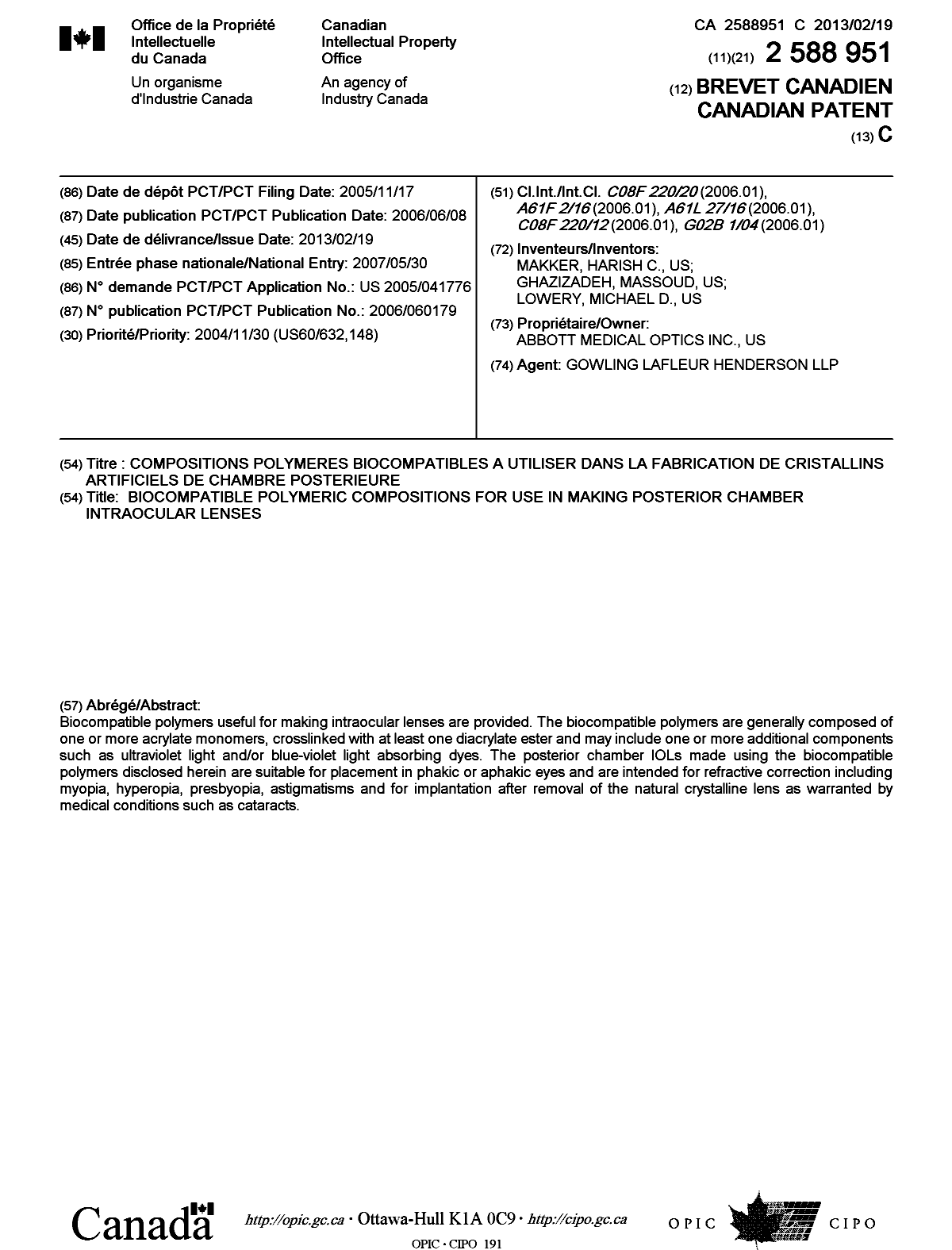 Document de brevet canadien 2588951. Page couverture 20130124. Image 1 de 1