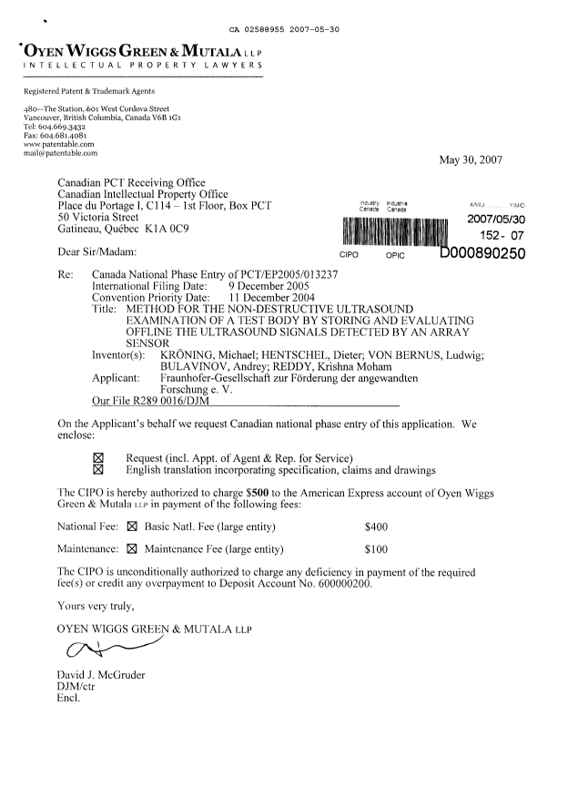Document de brevet canadien 2588955. Cession 20070530. Image 1 de 2