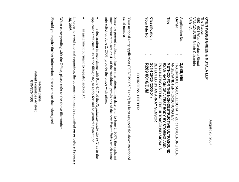 Canadian Patent Document 2588955. Correspondence 20070905. Image 1 of 1