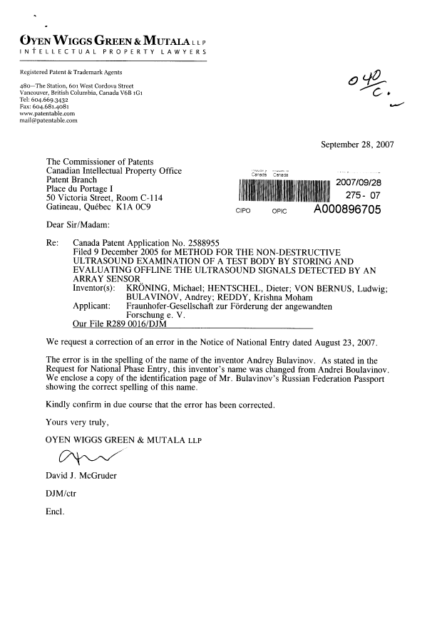 Document de brevet canadien 2588955. Correspondance 20070928. Image 1 de 2