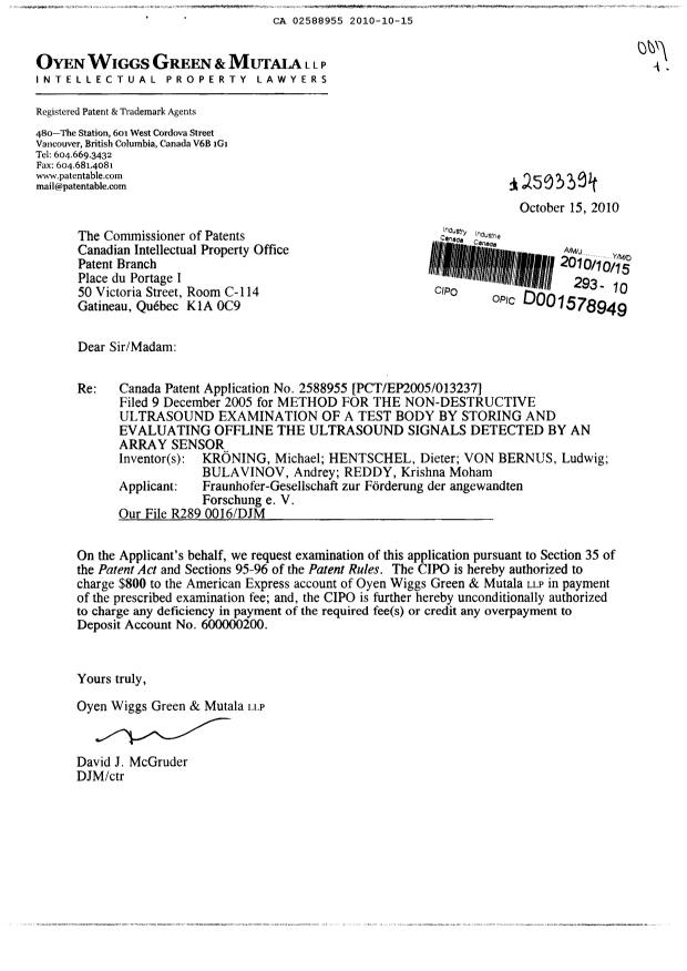 Document de brevet canadien 2588955. Poursuite-Amendment 20101015. Image 1 de 1