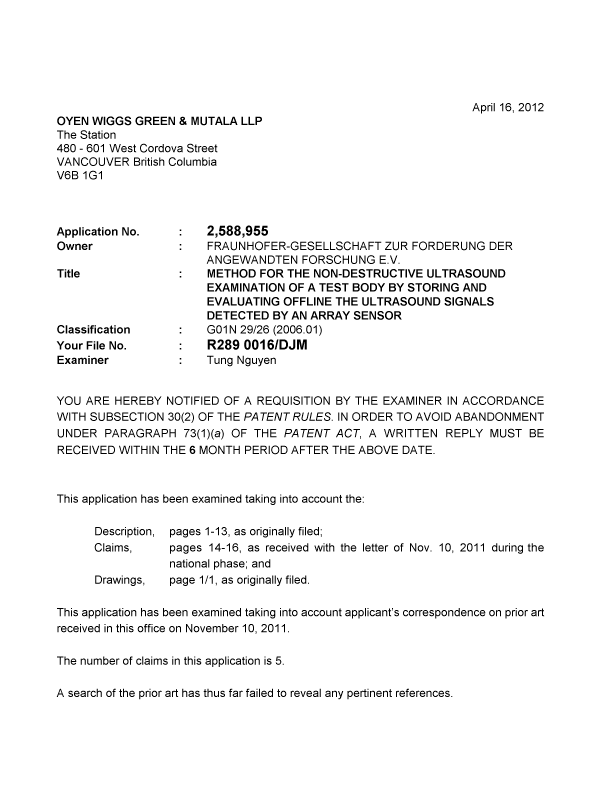 Document de brevet canadien 2588955. Poursuite-Amendment 20120416. Image 1 de 2