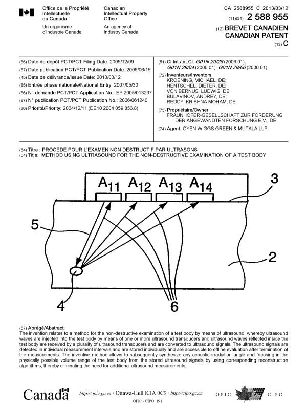 Document de brevet canadien 2588955. Page couverture 20130215. Image 1 de 1