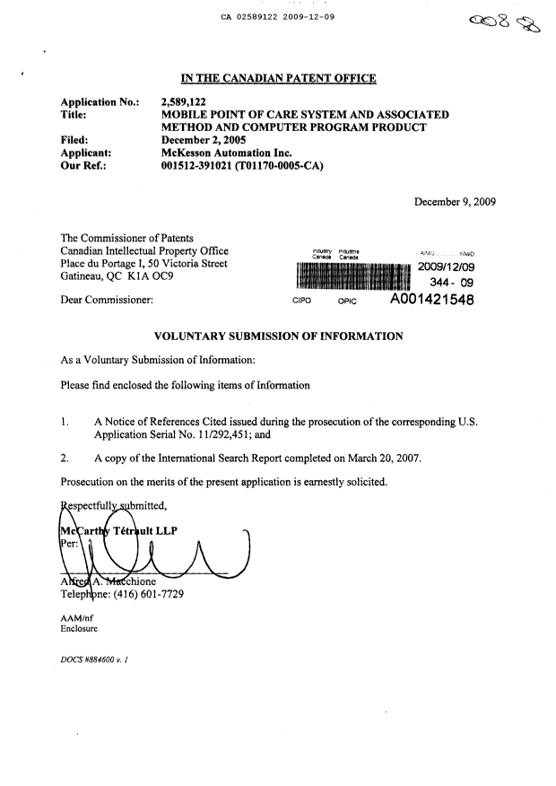 Document de brevet canadien 2589122. Poursuite-Amendment 20091209. Image 1 de 1