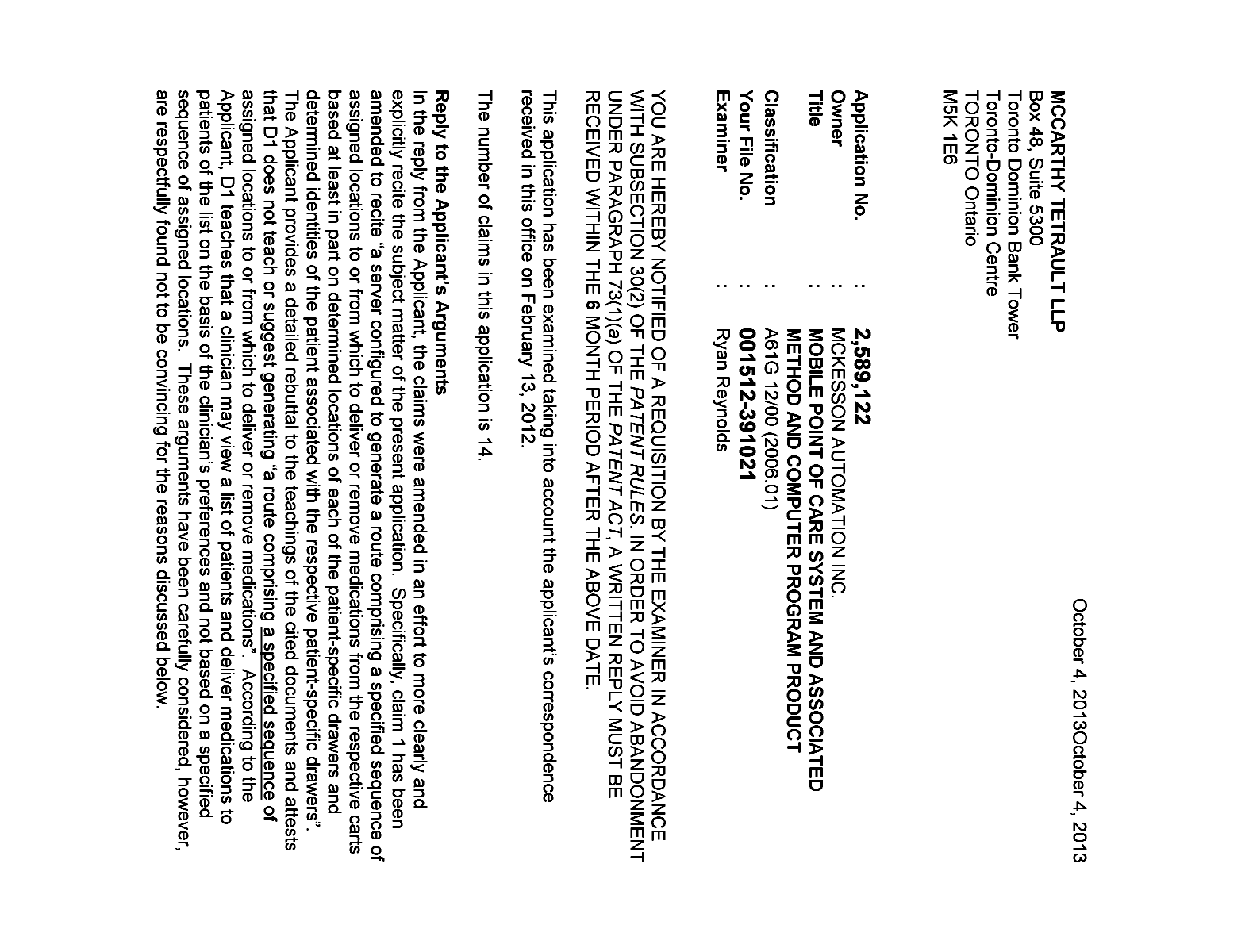 Canadian Patent Document 2589122. Prosecution-Amendment 20131004. Image 1 of 4