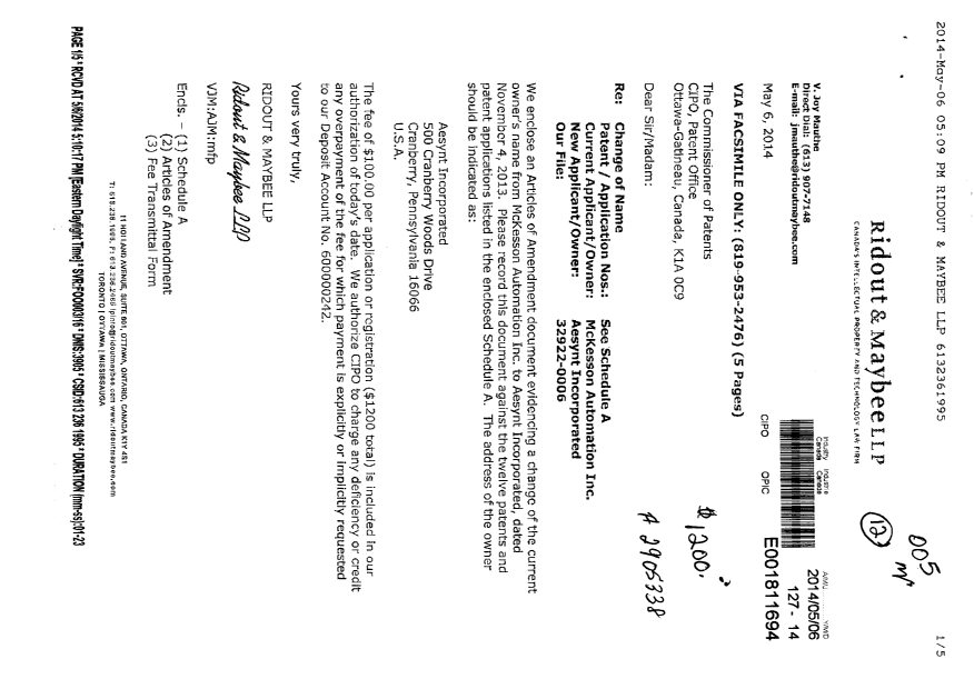 Document de brevet canadien 2589122. Cession 20140506. Image 1 de 4