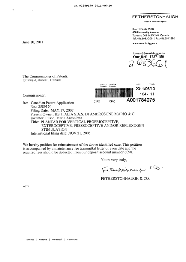 Document de brevet canadien 2589170. Taxes 20110610. Image 2 de 2