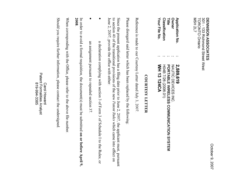 Document de brevet canadien 2589619. Correspondance 20071009. Image 1 de 1