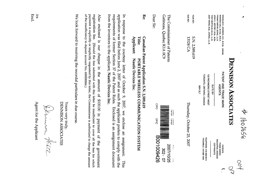 Document de brevet canadien 2589619. Cession 20071025. Image 1 de 3