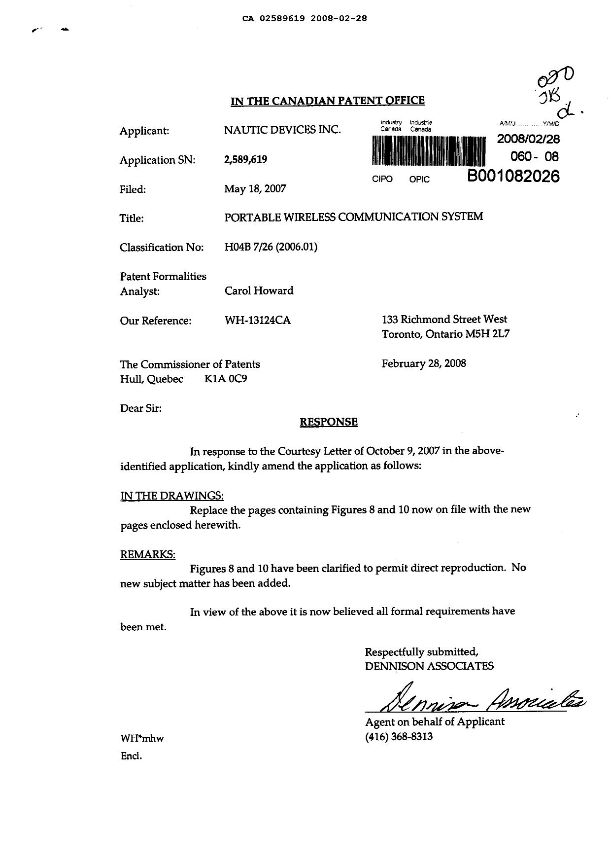 Document de brevet canadien 2589619. Correspondance 20080228. Image 1 de 3