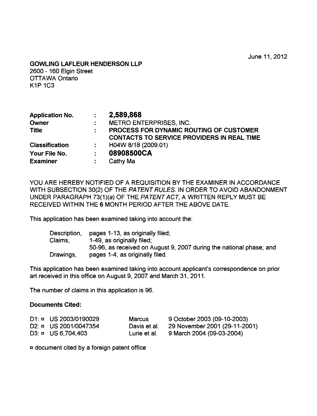Document de brevet canadien 2589868. Poursuite-Amendment 20120611. Image 1 de 2
