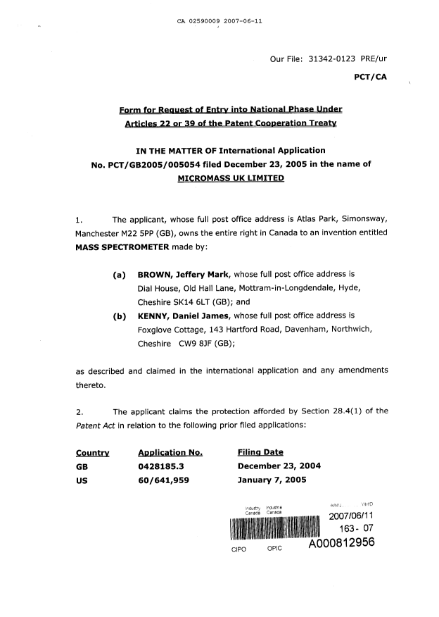 Document de brevet canadien 2590009. Cession 20070611. Image 2 de 3