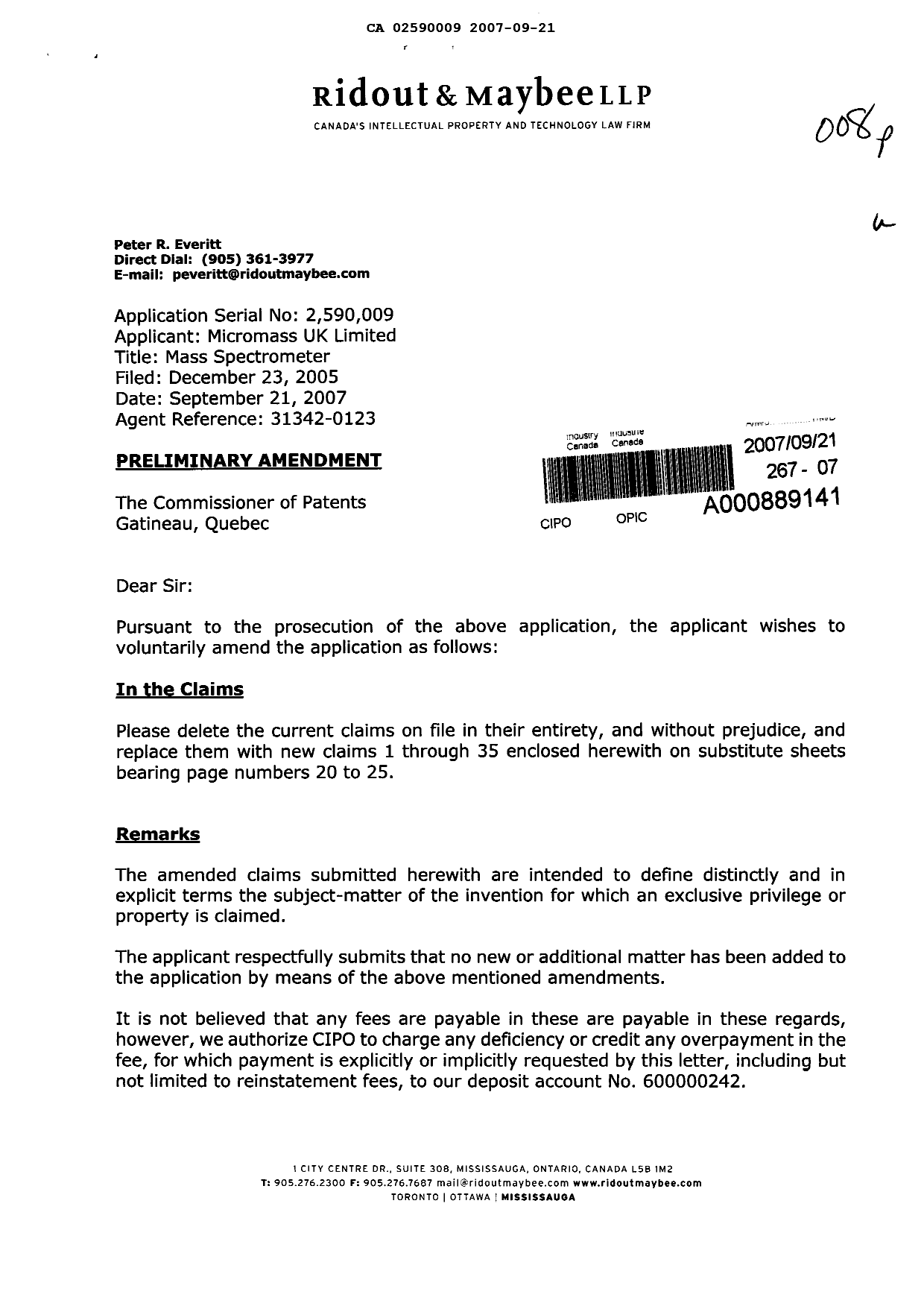 Document de brevet canadien 2590009. Poursuite-Amendment 20070921. Image 1 de 8