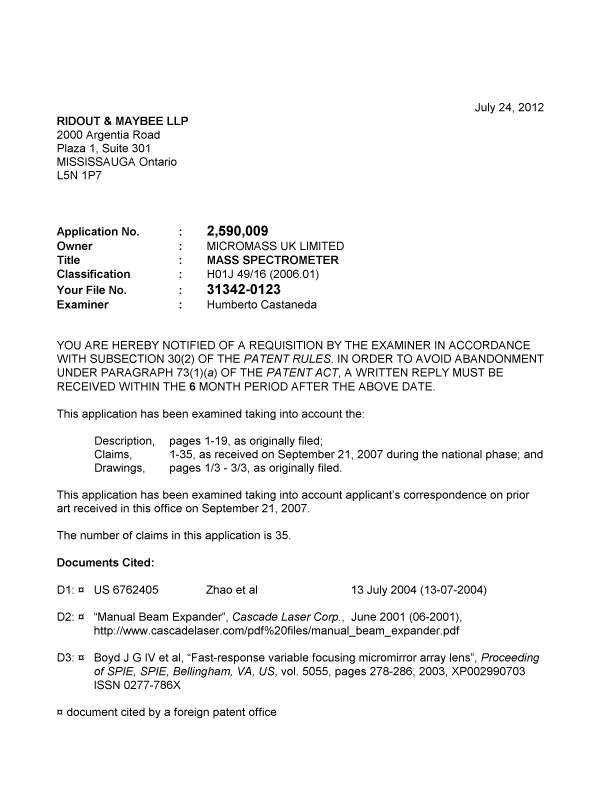 Canadian Patent Document 2590009. Prosecution-Amendment 20120724. Image 1 of 4