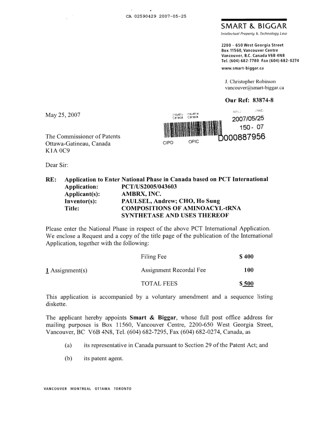 Document de brevet canadien 2590429. Cession 20070525. Image 1 de 12