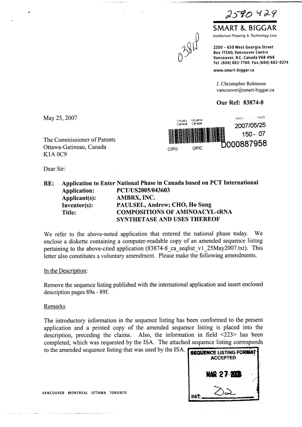 Canadian Patent Document 2590429. Prosecution-Amendment 20070525. Image 1 of 8