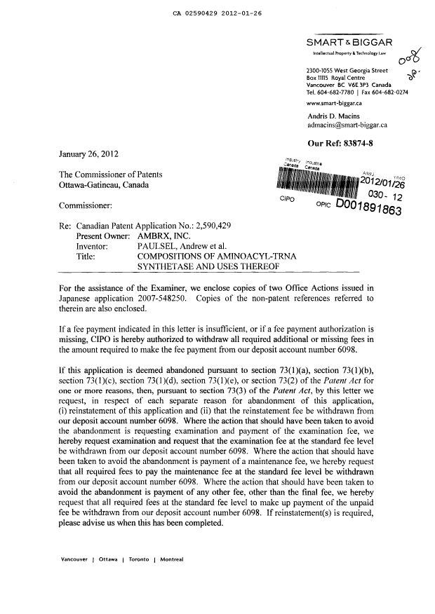 Canadian Patent Document 2590429. Prosecution-Amendment 20120126. Image 1 of 2