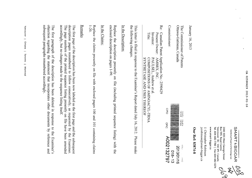 Canadian Patent Document 2590429. Prosecution-Amendment 20130116. Image 1 of 104