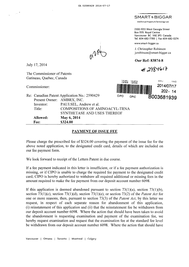 Canadian Patent Document 2590429. Correspondence 20140717. Image 1 of 2